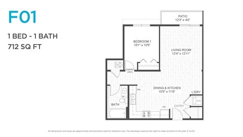 Floor plan for 1 bed, 1 bath, 580 sqft