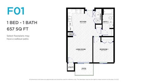Floor plan for 1 bed, 1 bath, 653 sqft