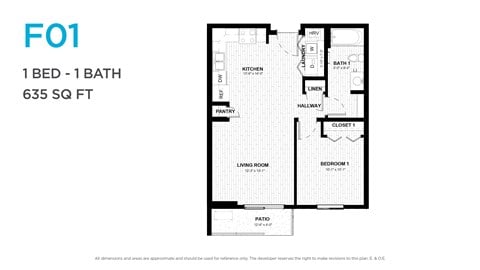 Floor plan for 1 bed, 1 bath, 640 sqft