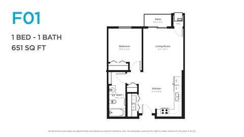 Floor plan for 1 bed, 1 bath, 651 sqft