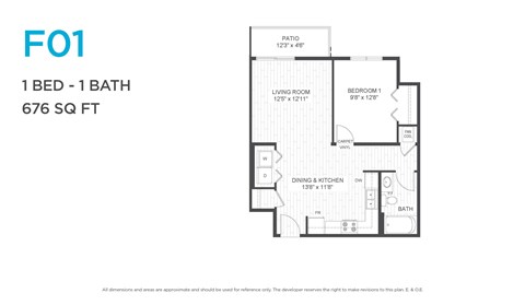 Floor plan for 1 bed, 1 bath, 616 sqft