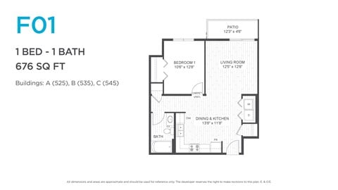 Floor plan for 1 bed, 1 bath, 676 sqft