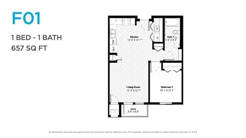 Floor plan for 1 bed, 1 bath, 651 sqft