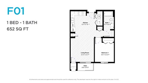 Floor plan for 1 bed, 1 bath, 669 sqft