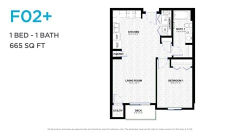 Floor plan for 1 bed, 1 bath, 650 sqft