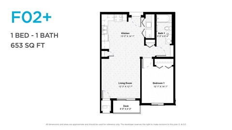 Floor plan for 1 bed, 1 bath, 636 sqft