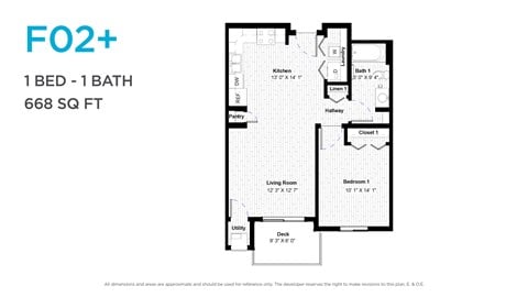 Floor plan for 1 bed, 1 bath, 714 sqft