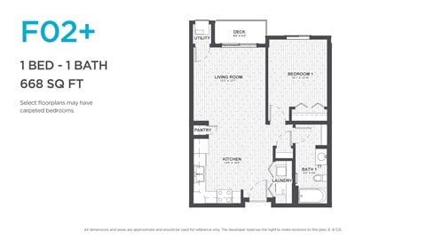Floor plan for 1 bed, 1 bath, 651 sqft