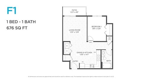 Floor plan for 1 bed, 1 bath, 676 sqft