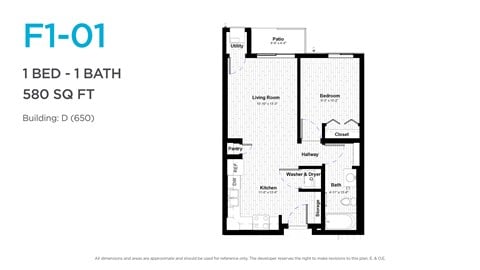 Floor plan for 1 bed, 1 bath, 657 sqft