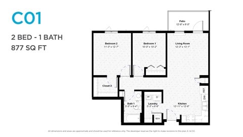 Floor plan for 2 beds, 1 bath, 884 sqft