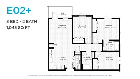 Floor plan for 3 beds, 2 baths, 1036 sqft