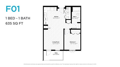 Floor plan for 1 bed, 1 bath, 641 sqft