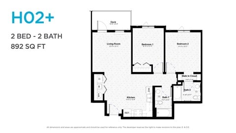Floor plan for 2 beds, 2 baths, 897 sqft
