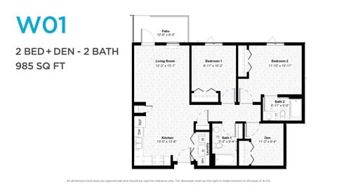 Floor plan for 2 beds, 2 baths, 993 sqft