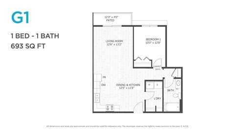 Floor plan for 1 bed, 1 bath, 676 sqft