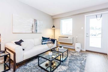 Parksville apartment for rent - A living room with a white couch, a glass coffee table, and a painting on the wall.