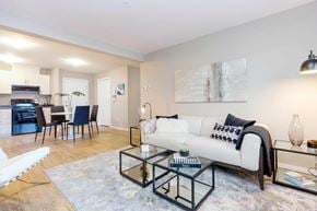 Parksville apartment for rent - A modern living room with a white sofa and a glass coffee table.