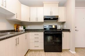 Parksville apartment for rent - A black oven is in a kitchen with white cabinets.