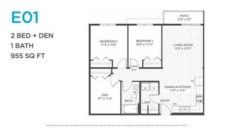 Floor plan for 2 beds, 1 bath, 955 sqft