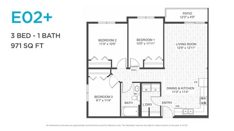 Floor plan for 3 beds, 1 bath, 971 sqft