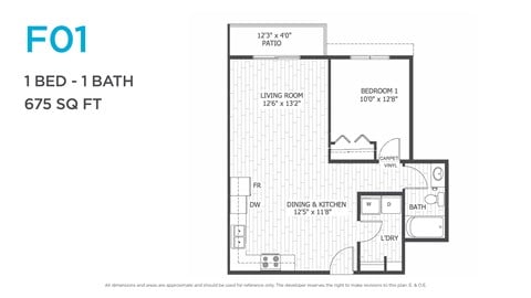 Floor plan for 1 bed, 1 bath, 685 sqft