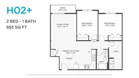 Floor plan for 2 beds, 1 bath, 860 sqft