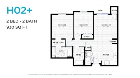 Floor plan for 2 beds, 2 baths, 933 sqft