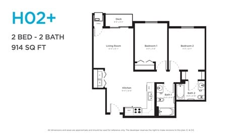 Floor plan for 2 beds, 2 baths, 914 sqft