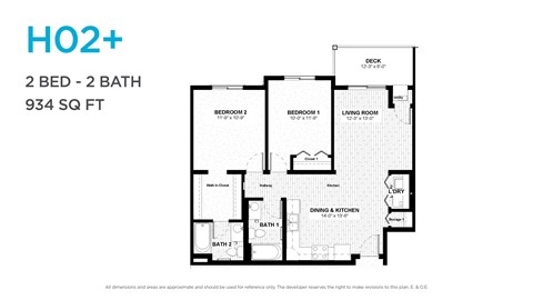 Floor plan for 2 beds, 2 baths, 965 sqft