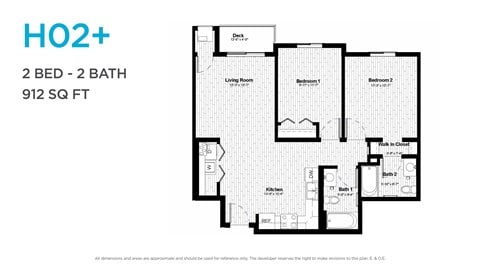Floor plan for 2 beds, 2 baths, 946 sqft