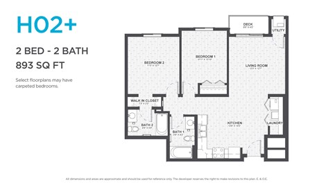 Floor plan for 2 beds, 2 baths, 961 sqft