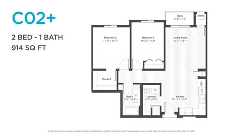 Floor plan for 2 beds, 1 bath, 898 sqft