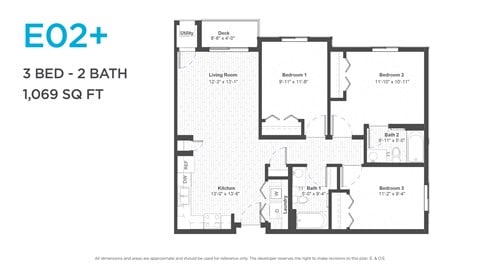 Floor plan for 3 beds, 2 baths, 1052 sqft