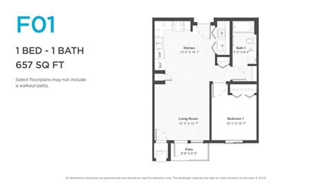 Floor plan for 1 bed, 1 bath, 657 sqft