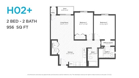 Floor plan for 2 beds, 2 baths, 956 sqft