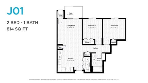 Floor plan for 2 beds, 1 bath, 814 sqft