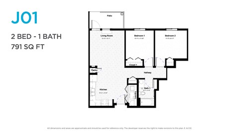 Floor plan for 2 beds, 1 bath, 892 sqft