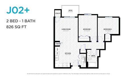 Floor plan for 2 beds, 1 bath, 814 sqft