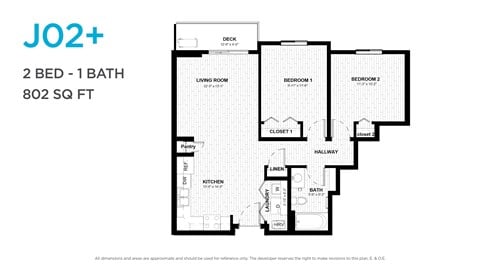 Floor plan for 2 beds, 1 bath, 855 sqft