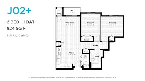 Floor plan for 2 beds, 1 bath, 837 sqft