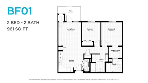 Floor plan for 2 beds, 2 baths, 987 sqft
