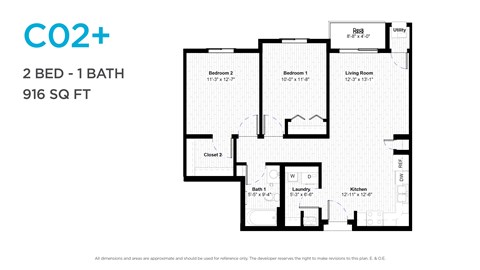 Floor plan for 2 beds, 1 bath, 882 sqft