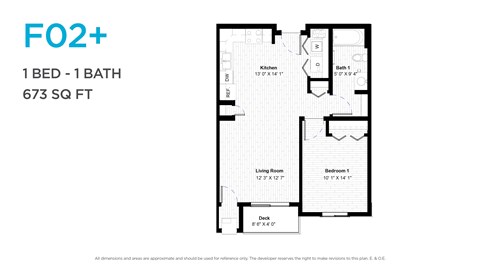 Floor plan for 1 bed, 1 bath, 671 sqft