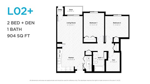 Floor plan for 2 beds, 1 bath, 904 sqft
