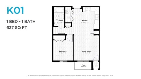 Floor plan for 1 bed, 1 bath, 635 sqft