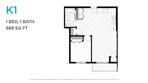 Floor plan for 1 bed, 1 bath, 576 sqft