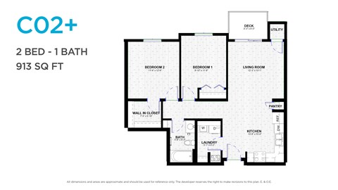 Floor plan for 2 beds, 1 bath, 913 sqft