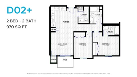 Floor plan for 2 beds, 2 baths, 982 sqft