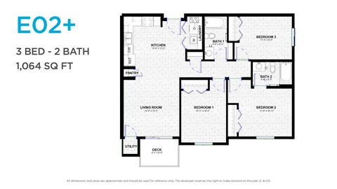 Floor plan for 3 beds, 2 baths, 1064 sqft